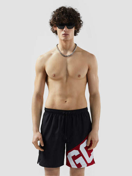 בגד ים שחור אדום לוגו אלכסון GCDS